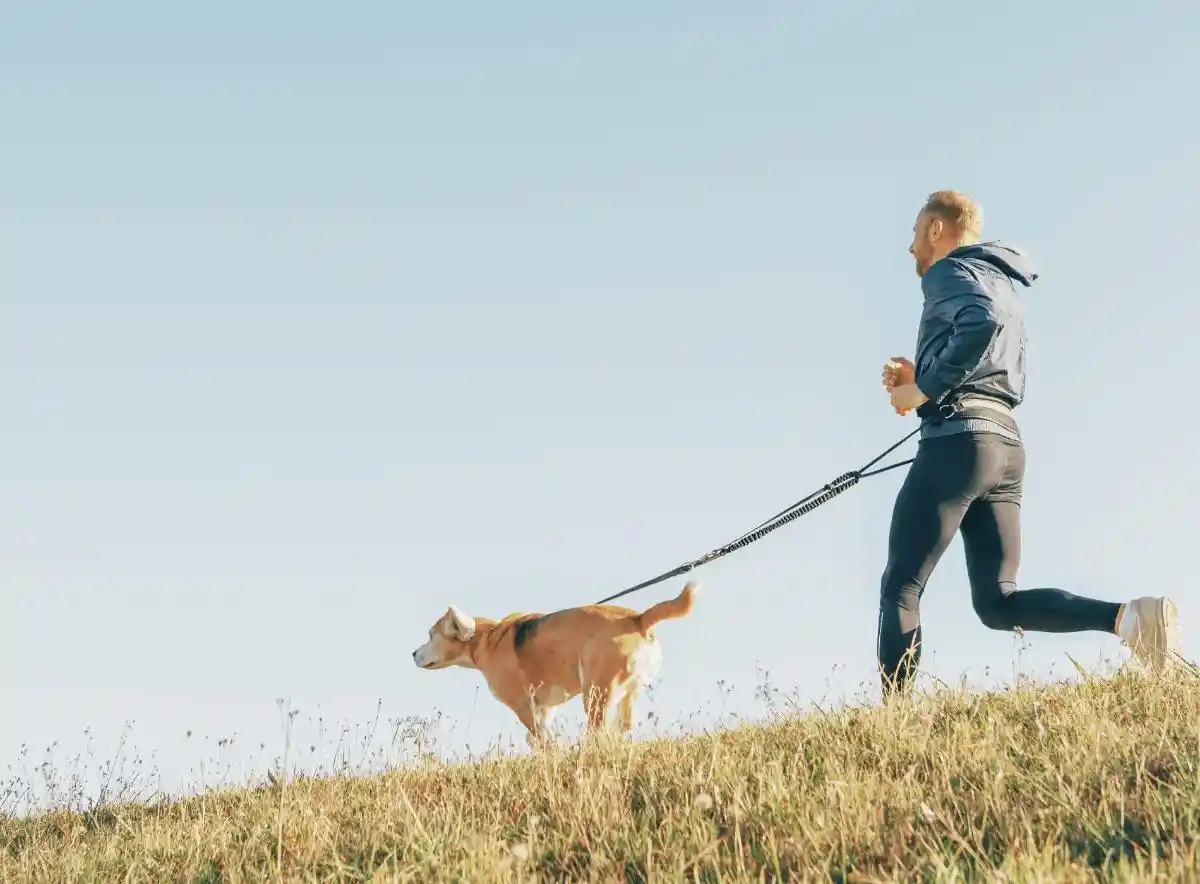 A man jogging outdoors with his dog on a leash
