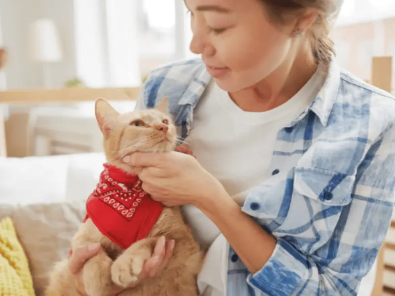A woman holding her cat wearing a bandana