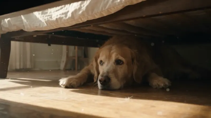 Dog hiding under the bed