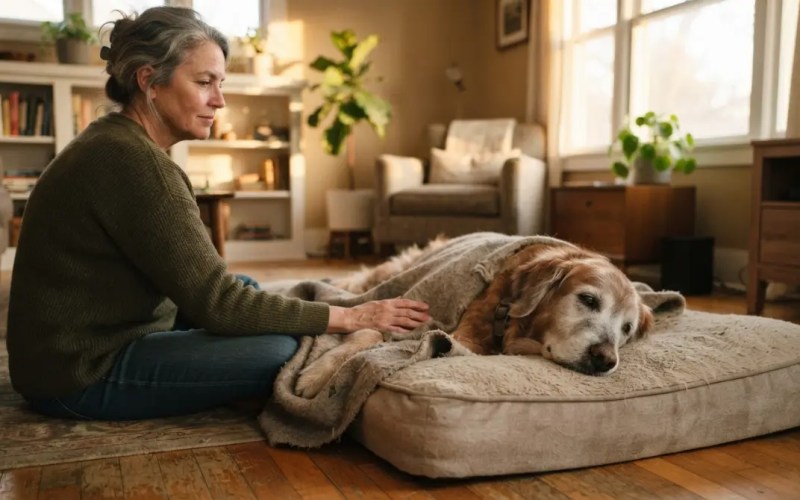 Old dog resting on bed next to an old lady