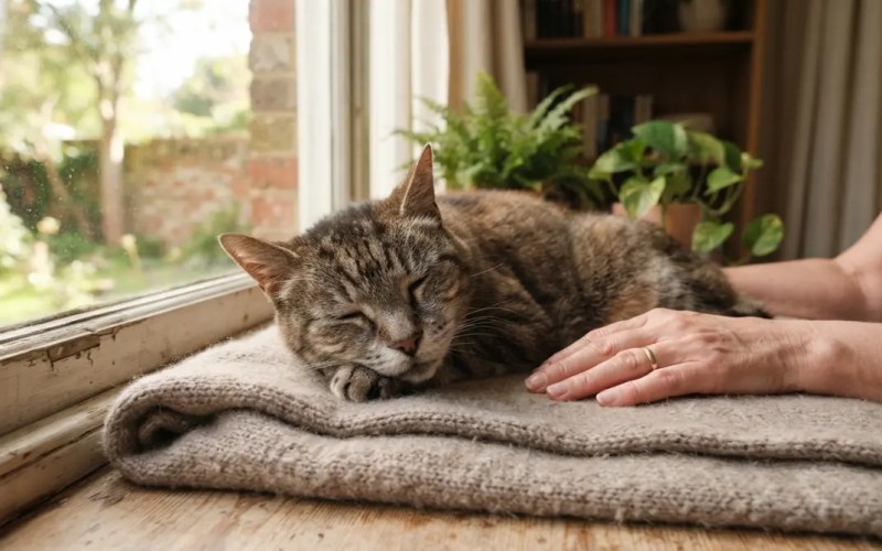 Senior catg resting on a blanket next the window